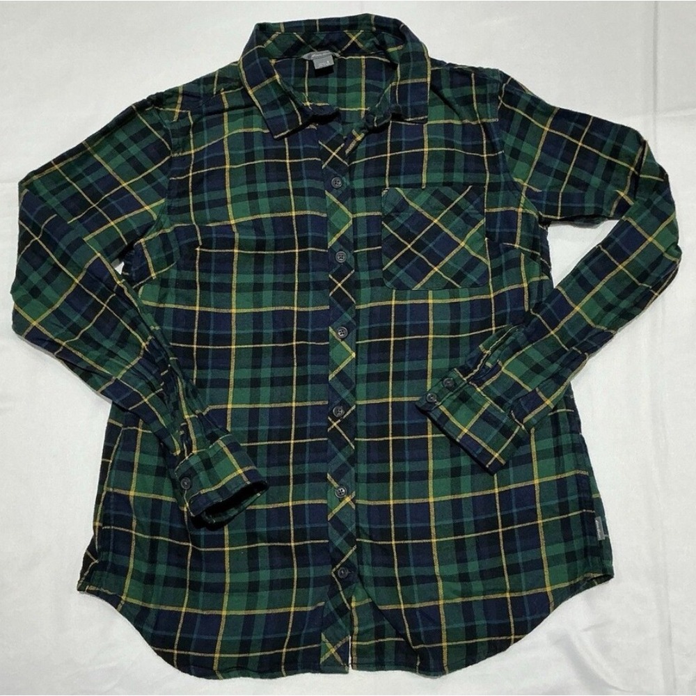 Eddie Bauer Flannel Shirt Womens Small Green Tartan Plaid 100% Cotton Winter